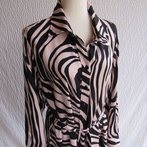 Finley Tiger Print Satin Dress L Long  Pink Black Shirt Belt Animal Print